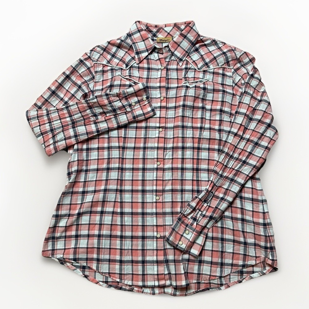 Wrangler  Pink Pearl Snap Plaid Western Shirt, Women XL, Retro‎ Rodeo Cotton